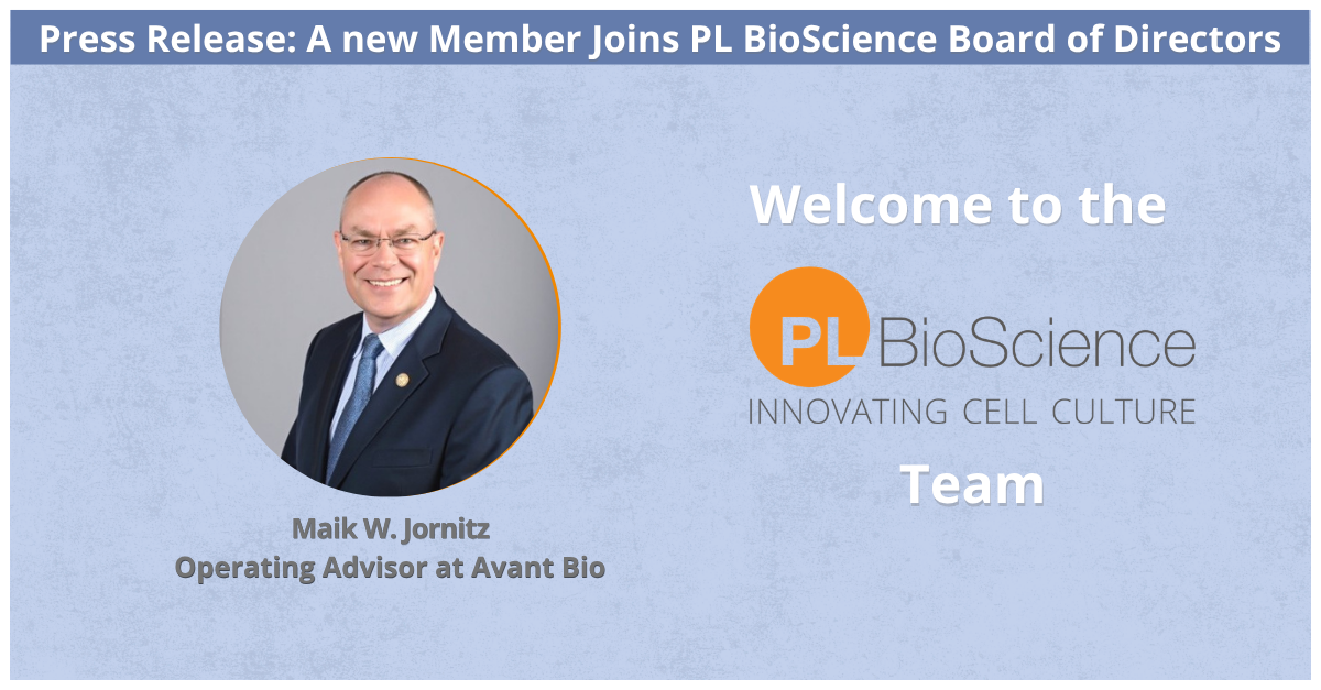 Corporate announcement graphic on a light blue background titled "Welcome to the PL BioScience Team" featuring a circular framed headshot of Maik W. Jornitz with his title text reading "Operating Advisor at Avant Bio"
